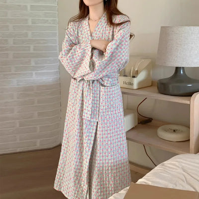 Womens Plaid Long Kimono Bathrobe Set